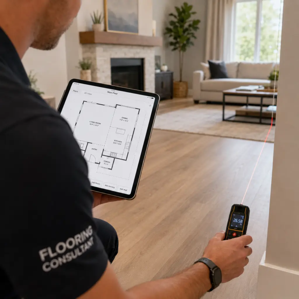 Flooring professional looking at measurements taken on an ipad